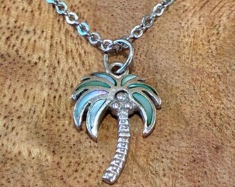 Handmade Abalone Palm Tree Necklace Bronze Thailand Silver Tone 18”