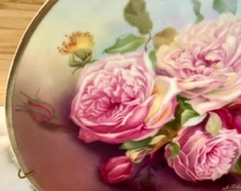 Antik Thomas Sevres Bavaria porslinsskåpstallrik Bourbon Rose signerad A John