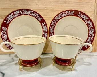 1954 Homer Laughlin Century Service Regal Red Oak Leaf Acorn Gold Cup Saucer Set