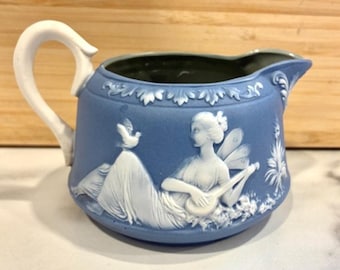 Antique Schafer And Vater Blue Jasperware Fairy Nymph Whimsy Art Nouveau Creamer