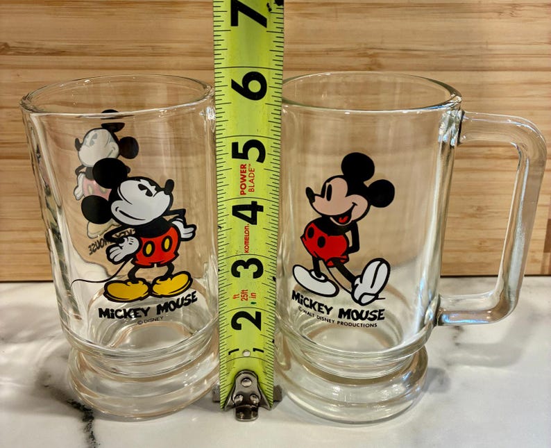 Vintage Set of 2 Mickey Mouse Handled Clear Glass Mug Stein Walt Disney image 8