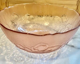 Vintage 1980s Arcoroc France Rosaline Pink Floral Glass Serving Salad Bowl 9x4