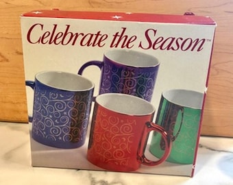 Vintage Celebrate the Season 4 Christmas Mugs Filene’s New Old Stock Moon Stars
