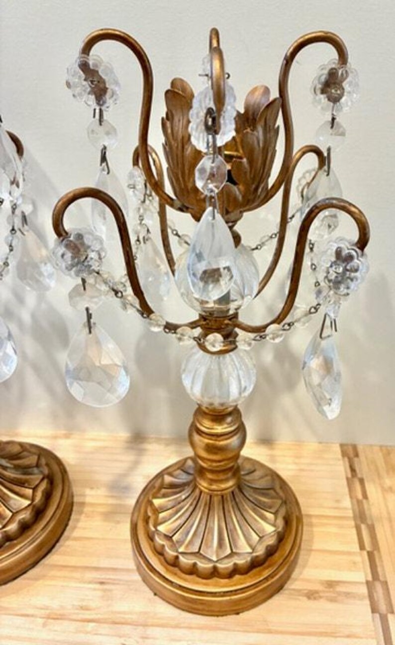 Vintage Pair Opulent Treasures Chandelier Rosette Candle Holders w Crystals image 2