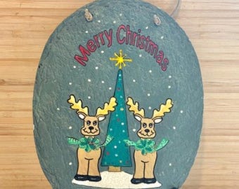 Christmas Reindeer Faux Slate Resin Hanging Sign Merry Christmas 9” Holiday