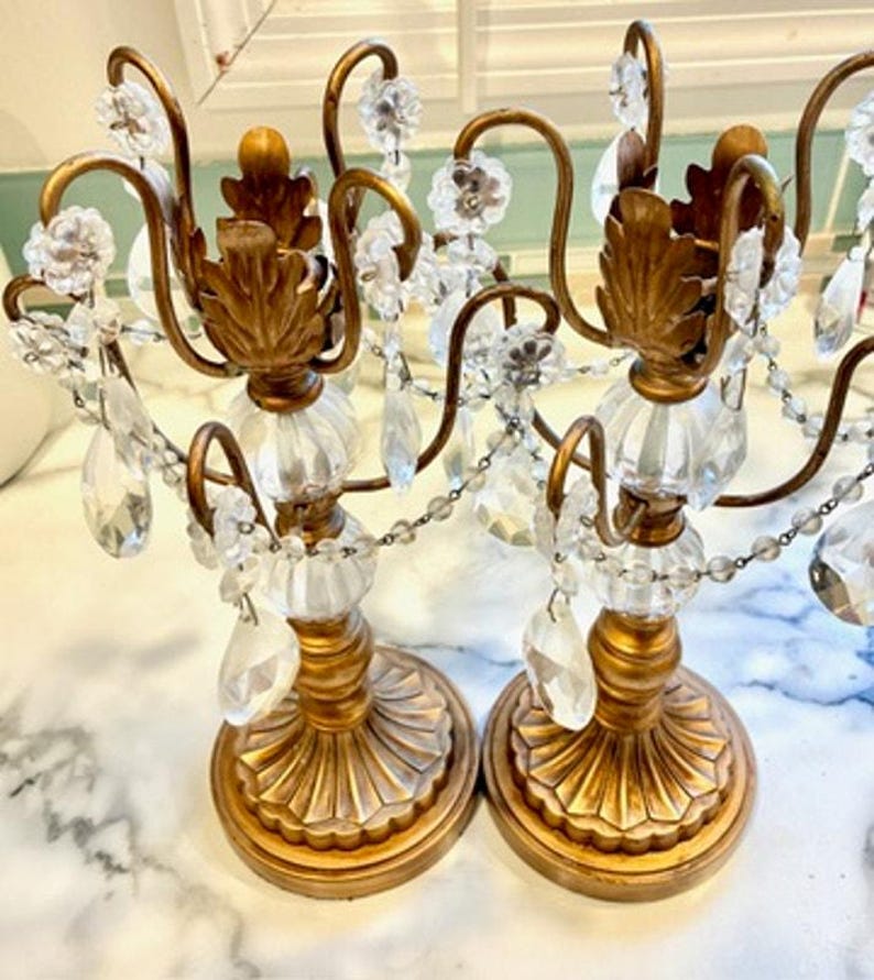 Vintage Pair Opulent Treasures Chandelier Rosette Candle Holders w Crystals image 8