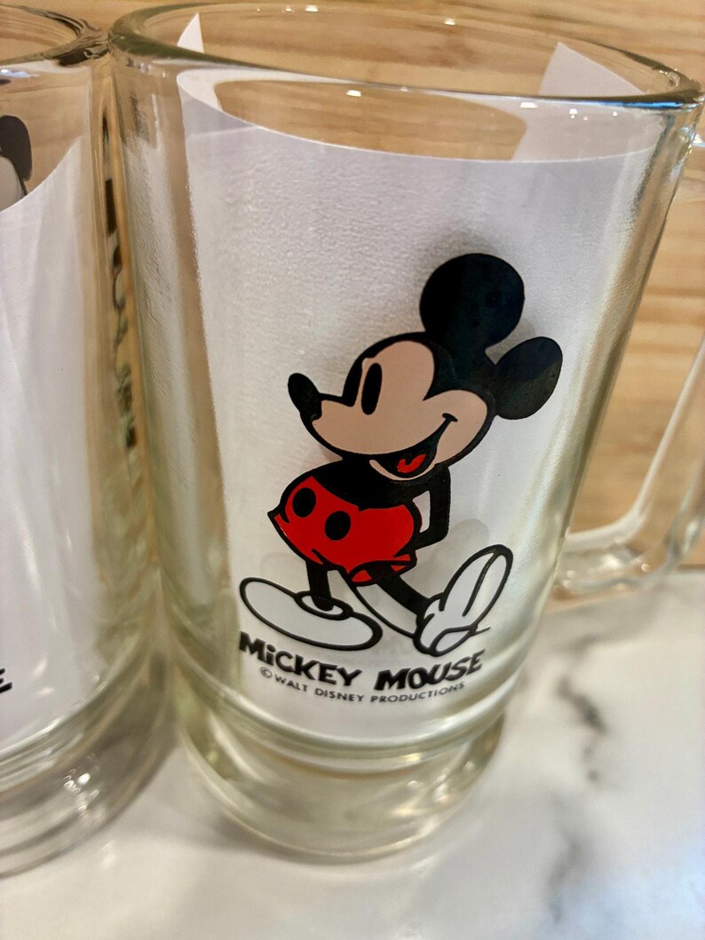 Vintage Set of 2 Mickey Mouse Handled Clear Glass Mug Stein Walt Disney image 4