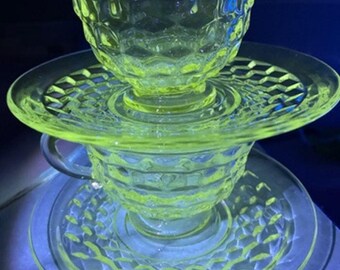 1950s MCM Fostoria American Clear Cube Tea Coffee Cup Saucer Set - Manganese