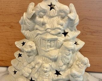 Vintage Ceramic Bisque Christmas Tree Tea Light Holder Santa 9” Unpainted Blank