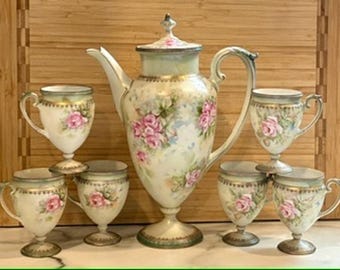 Antique RS Prussia Red Star Chocolate Pot Set - 6 Cups - Roses Gold Gilt Luster