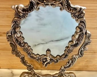 MCM Rococo Cherub Putti Sea Shell SilverPlated Swivel Oval Vanity Mirror Velvet