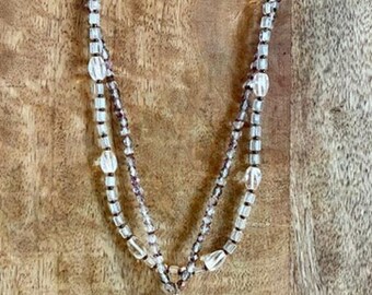 Vintage Double Strand Glass Bead Necklace Smoky Quartz Pendant 18”