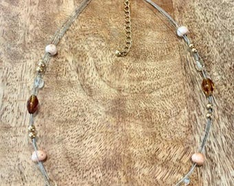 Vintage Multi Layer Floating Necklace Amber Glass Clear Glass Stone Beads 18”