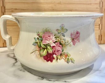 Antique Victorian Chamber Pot - Daisy And Rose Transfer ware - Ivory Ironstone