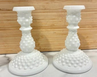 Vintage MCM Set Of 2 Fenton Hobnail White Milk Glass Candlestick Holders 6"
