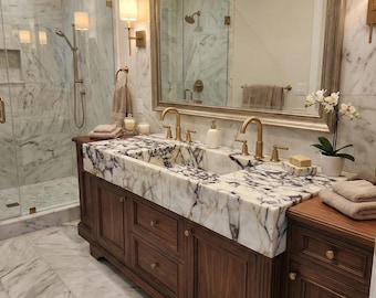 Luxury Natural Marble Sink | Solid Stone Bathroom Countertop | Modern Handmade Rectangular Vanity Sink