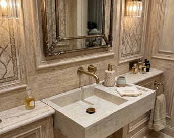 Lavabo de piedra travertino – Lavabo rectangular de baño en color beige natural