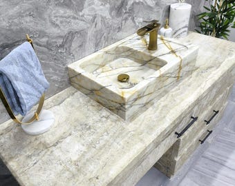 Calacatta Gold Marble Sink – Rectangular Vessel Basin with Brass Hole