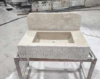 Beige Travertine Marble Sink with Backsplash – Textured Stone Vanity for Modern Bathrooms