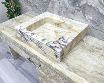 Calacatta Viola Marble Vessel Sink, Layered Stone Bathroom Vanity Basin