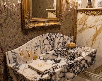 Calacatta Viola Marble Sink with Backsplash – Fluted Stone Vanity for High-End Interiors