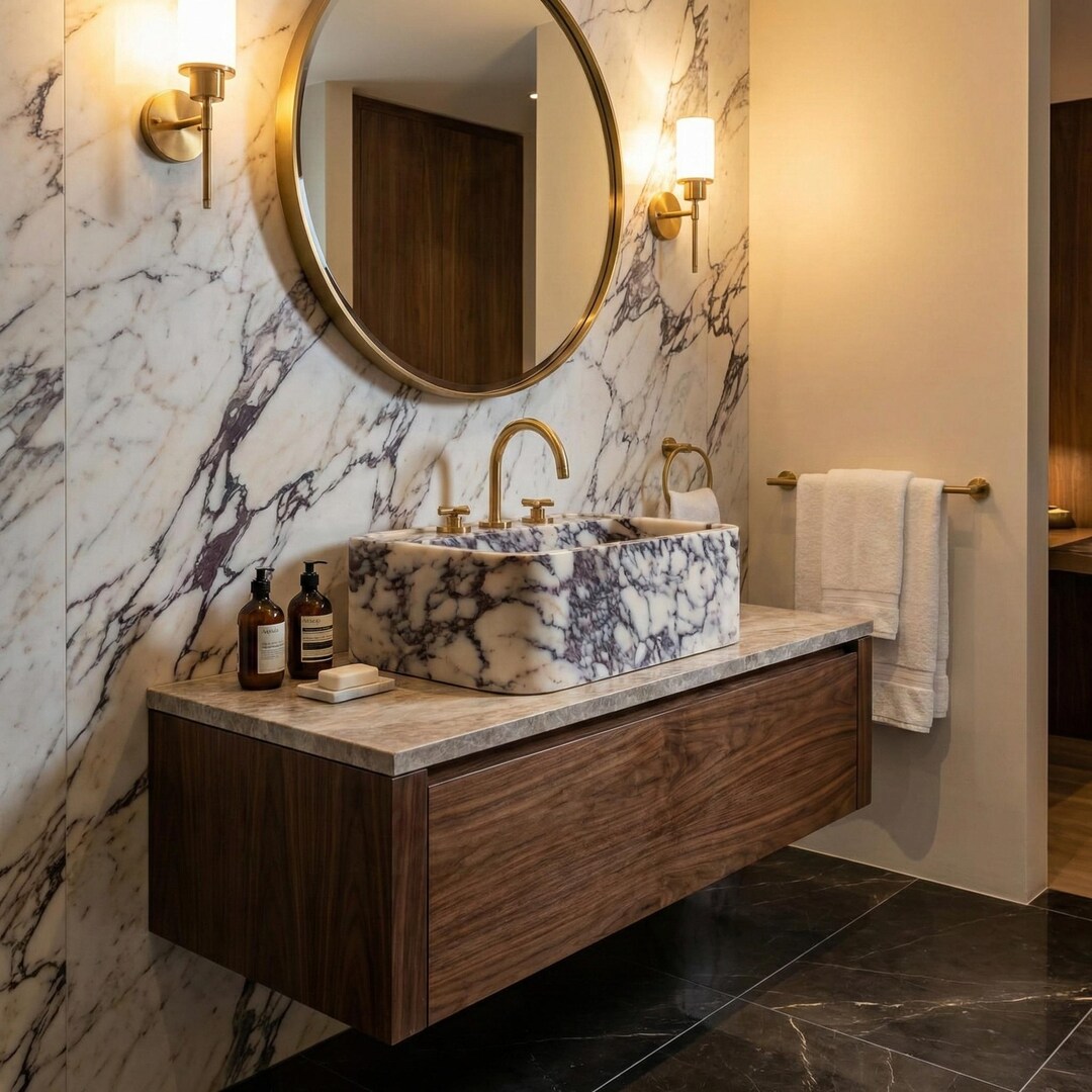 Curated visual reference: Fresh Look at Calacatta Viola Marble Sink With Brass Faucet