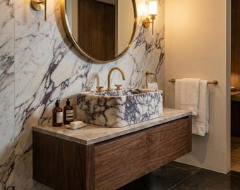 Calacatta Viola Marble Sink with Brass Faucet – Sculpted Stone Bathroom Vessel