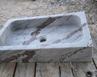 Handwerklich geschnitztes Waschbecken aus Grauem Marmor - Modernes Badezimmerwaschbecken