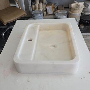 Handmade White Marble Sink with Faucet Hole, 15x20” Minimalist Bathroom Vanity Basin, Natural Stone Rectangular Vessel Sink for Modern Homes