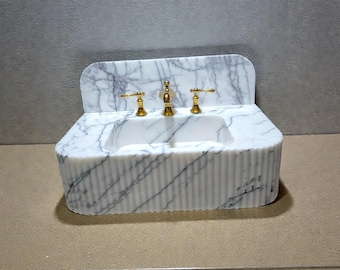 Lilac Marble Sink with Brass Faucets – Fluted Stone Vanity Basin and 8” Backsplash