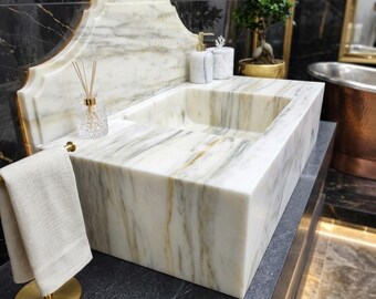 Calacatta Monet Marble Sink Vanity, Hand Carved Stone Basin with Backsplash