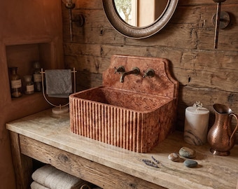 Red Travertine Stone Sink Vanity, Hand Carved Bathroom Basin with Backsplash