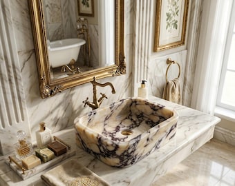 Viola Marble Sink – Rectangular Stone Vessel Basin 30x40cm for Vanity or Powder Room