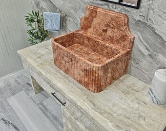Red Travertine Marble Farmhouse Sink, Rustic Stone Vessel Vanity Basin
