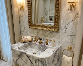 Lavabo de mármol lila – Lavabo de sobreponer de veta suave en piedra natural esculpida