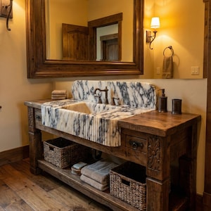Op de afbeelding: Een rustieke badkamermeubel met een marmeren wastafel en een houten frame. De wastafel heeft een wit en grijs marmerpatroon. De wastafel heeft twee rieten manden en een plank voor handdoeken. Een grote houten spiegel hangt boven de wastafel.