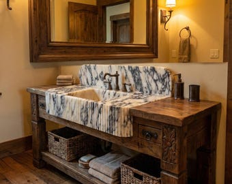Calacatta Viola Marble Sink with Backsplash – Hand-Carved Stone Vanity for Modern Bathrooms