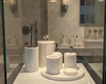 White Marble Bathroom Set – 7 Piece Solid Stone Accessories with Dispenser & Tray