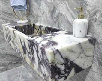 Calacatta Violet Marble Sink – Long Wall Mounted or Countertop Bathroom Basin