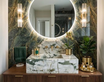 Calacatta Monet Marble Sink Vanity, Hand Carved Stone Basin with Backsplash