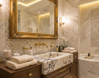 Calacatta Gold Viola Marble Sink – Wide Rectangular Stone Basin, Custom Handmade