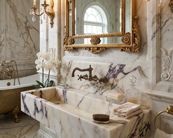 Calacatta Viola Marble Sink – Elegant Floating Bathroom Basin 13x47x8 in