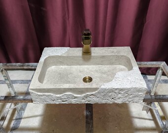 Beige Travertine Marble Sink with Brass Faucet – Textured Modern Bathroom Vanity