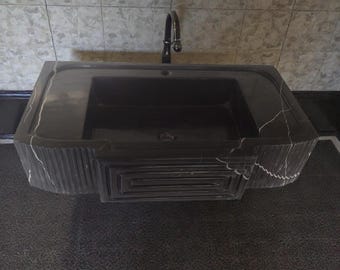Nero Marquina Marble Sink – Fluted Black Stone Vanity with Drawer Detail, 50x80 cm