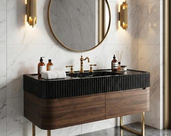 Black Nero Marquina Marble Sink with Brass Faucet – Modern Luxury Bathroom Vanity