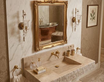 Textured Travertine Bathroom Sink with Backsplash – 18x40 Modern Stone Vanity Basin