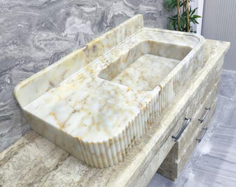 Calacatta Gold Marble Farmhouse Sink, Fluted Stone Vanity Basin with Backsplash