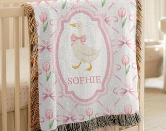 Personalized Goose Baby Blanket Woven Cotton Throw Floral Bow Nursery Decor Custom Baby Name Gift Newborn Girl Baby Shower Keepsake