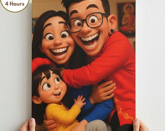 Custom Cartoon Portrait from Photo,Pixar Style Canvas Print,Personalized Family, Couples and Pet Illustration,Unique Wall Art Gift