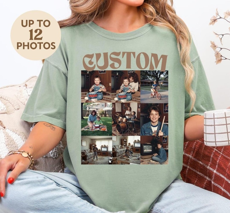Comfort Colors vintage t-shirt with custom photo collage design featuring family memories and personalized photos
